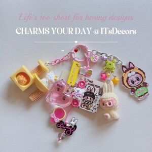 Iridescent Beaded Bag Charm with Labubu Figure: Handmade Keychain Phone Strap